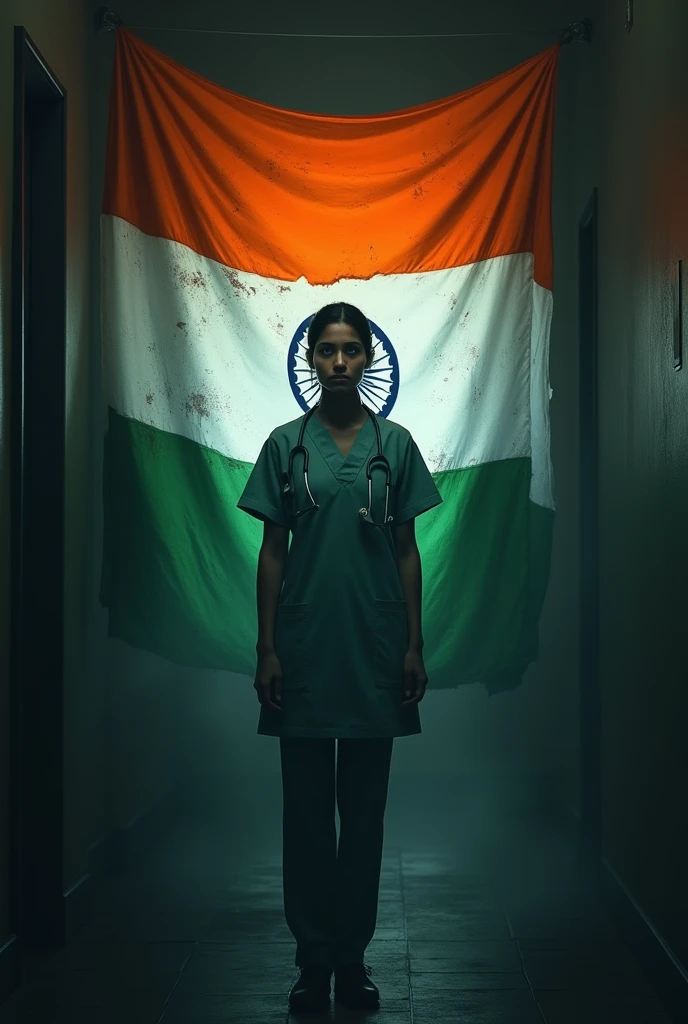 Generate Indian tricolour flag which shows indian government's lack of responsibility to protect a woman who was doctor and working night shift and got brutally raped and murdered but no actions has been taken by govt.
Replace the girl with doctor girl and give flag some drama which can show worst govt