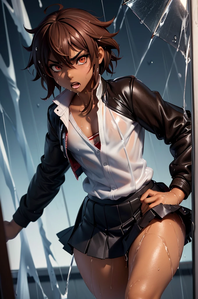 ((anime boy)), ((crossdresser)), (((1boy)))), (((solo))), ((((alone)))) medium dark brown hair, red eyes, ((((brown skin)))), wide hips, narrow waist, thick thighs, angry and angry, make up, red lipstick, standing in a classroom, ((flat chest)), (black school jacket), (black skirt), (shirt), (highschool uniform), (((running))), (((raining))), (((wet clothes))), (((wet)))