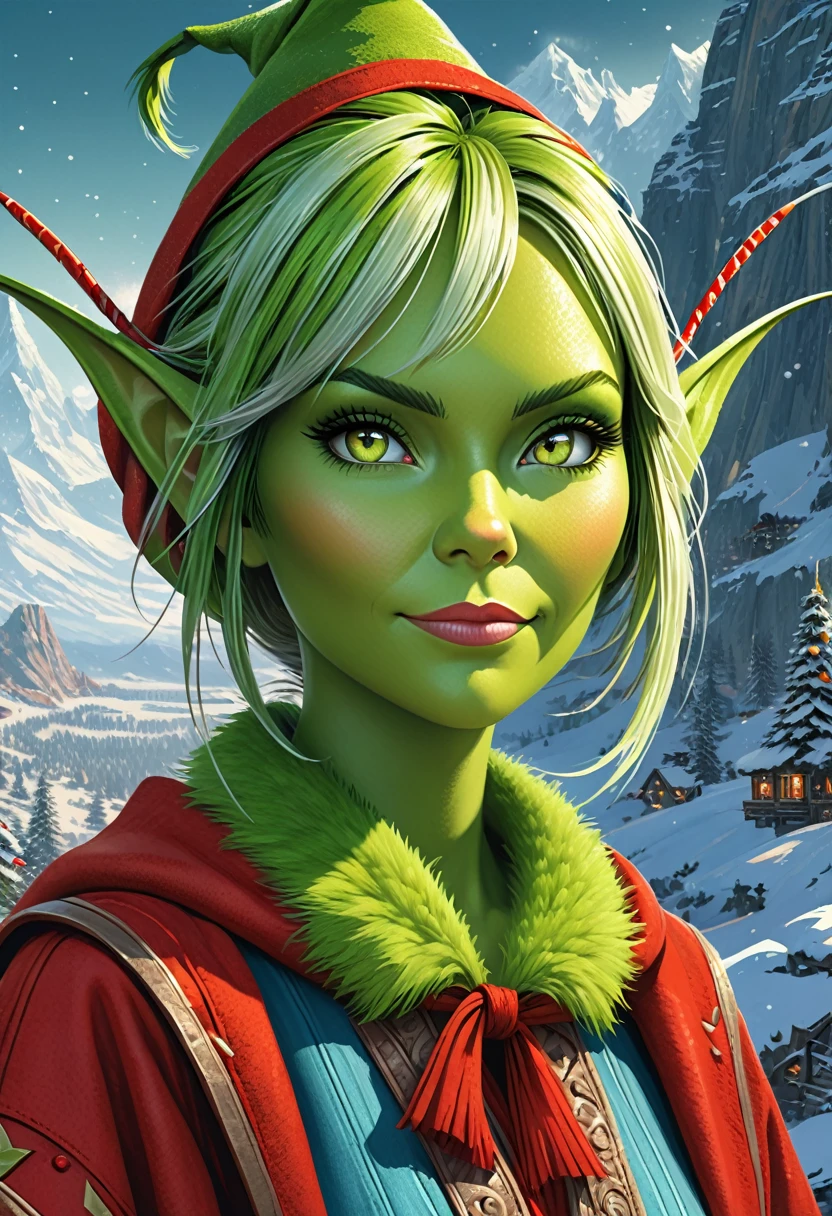 Anthropomorphic female grinch grasshopper mage. Official Art – Charecter profile. An Award-Winning Digital Masterpiece In 4K Ultra HD, Extreme Detail And Intricate Realism. Symmetrical Face. This Concept Art Brought To Life By The Hands Of Artists Like Wlop & Artgerm In A Stunning 2D Vector Illustration.Background Is A Panoramic Vista.
