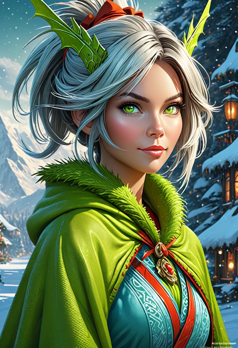 Anthropomorphic female grinch grasshopper mage. Official Art – Charecter profile. An Award-Winning Digital Masterpiece In 4K Ultra HD, Extreme Detail And Intricate Realism. Symmetrical Face. This Concept Art Brought To Life By The Hands Of Artists Like Wlop & Artgerm In A Stunning 2D Vector Illustration.Background Is A Panoramic Vista.