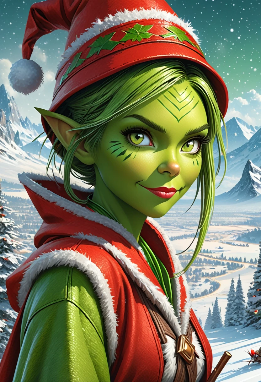 Anthropomorphic female grinch grasshopper mage. Official Art – Charecter profile. An Award-Winning Digital Masterpiece In 4K Ultra HD, Extreme Detail And Intricate Realism. Symmetrical Face. This Concept Art Brought To Life By The Hands Of Artists Like Wlop & Artgerm In A Stunning 2D Vector Illustration.Background Is A Panoramic Vista.
