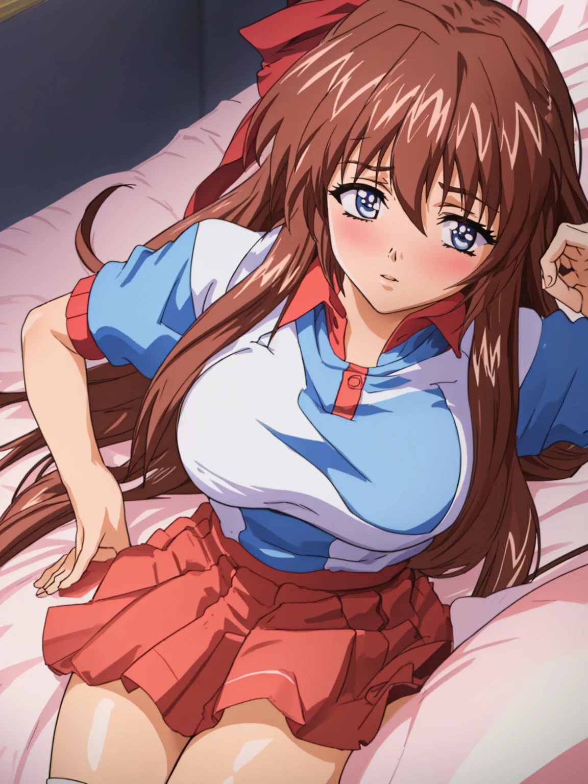 (Anime artwork, Anime Style, Studio Anime, Very detailed, Latest, Vibrant, Anime Coloring Book, High Contrast, masterpiece:1.2, Highest quality, Best aesthetics), (Beautiful and detailed:1.2), Aoi Tennis, 1 person, Hair Ribbon, Tennis uniform, Polo shirt, Raglan sleeves, Pleated skirt, Red Skirt, blush, Lips parted, liar, On the bed, Pink Good, In a seductive pose, Lying on your side, Turn to face the audience, From above, Skirt Lift, No pants,White knee socks,Asymmetrical bangs, Perfect Proportions, Skin with attention to detail, cute, Detailed face,