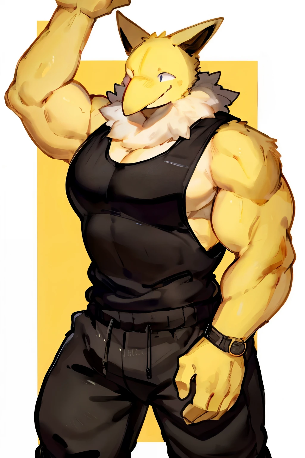 Furry, Anthro, solo, Hypno, Male, (((muscular body, massive male pectorals, yellow-gold skin, fluffy neck, wearing white fur around neck))), ((((massive biceps, wide-eyed, head tilted, hands up)))), ((((((massive bulky torso, happy, wearing black full male tanktop, wearing black sweatpants)))))), upper body, black/yellow spraypainted background, by buta99, by zackary911, by bebebebebe, (((digital painting)))