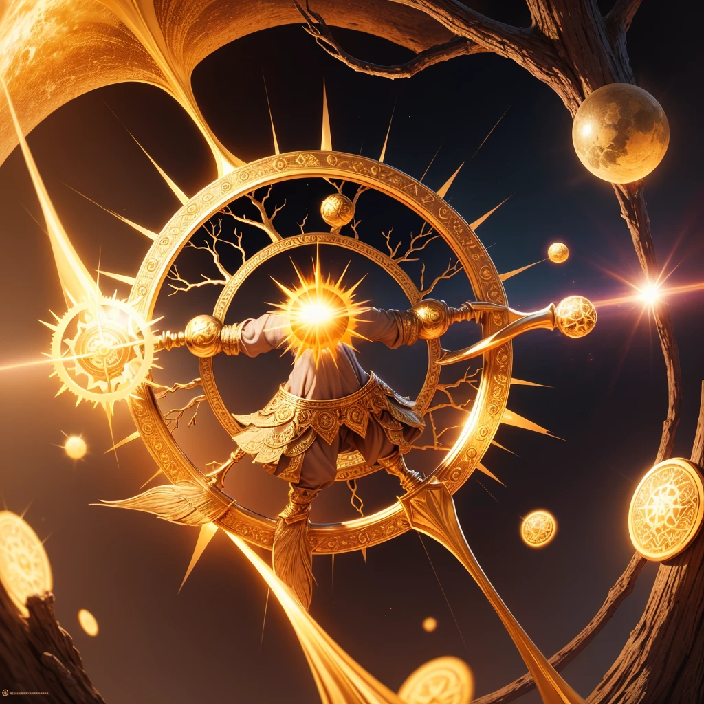 Create a staff made of the world tree with a golden circle at the top that radiates the power of the sun