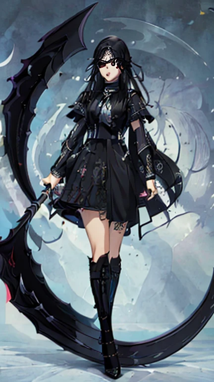 (masterpiece,ultra-detailed,best quality:1.5) (scythe, holding_scythe:1.4),(crescent moon scythe,Round-shaped blades:1.2),down,black dress,full body,darkness,