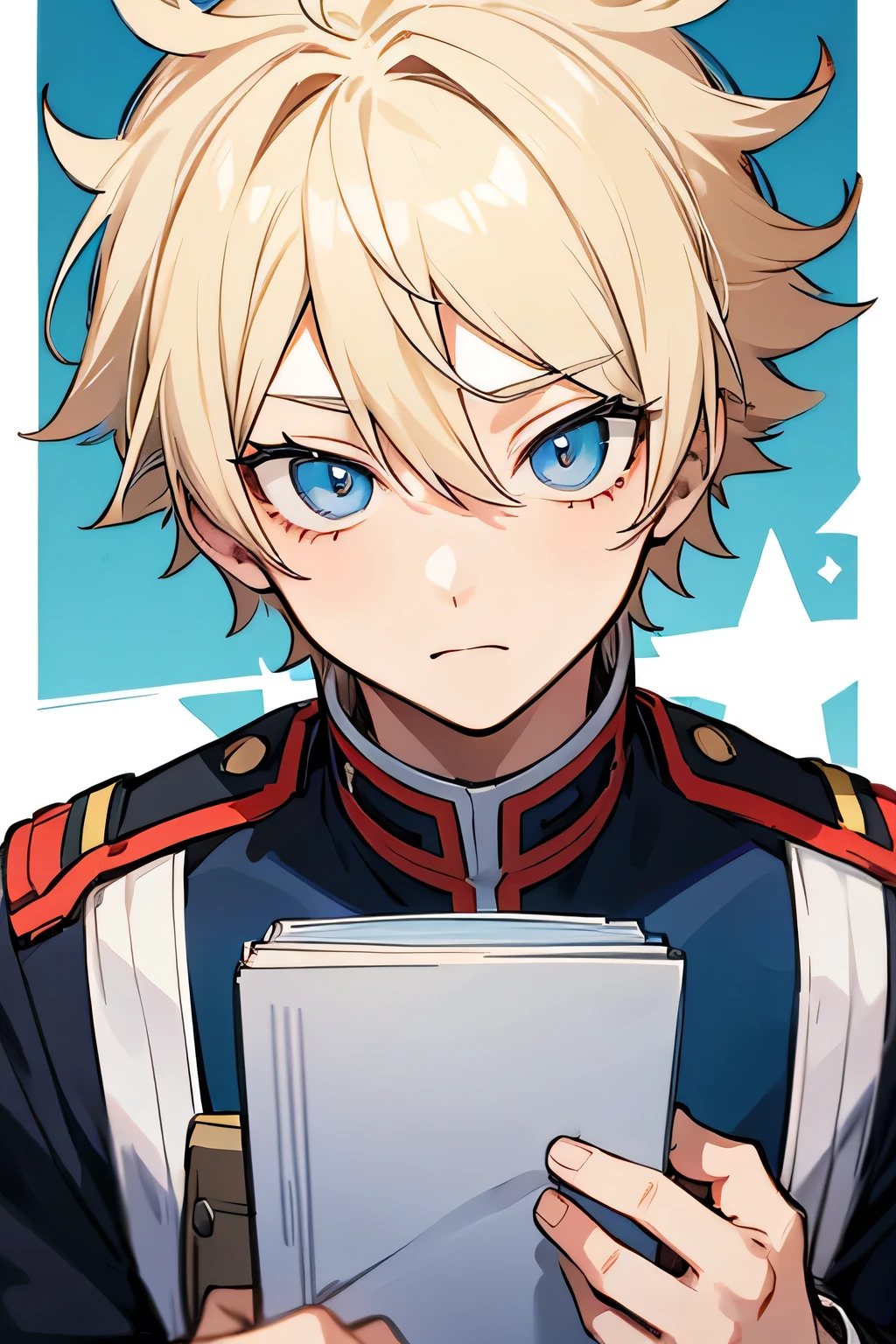 1boy, blonde hair, blue eyes, messy hair, short hsir, UA high uniform, my hero academia uniform, school uniform