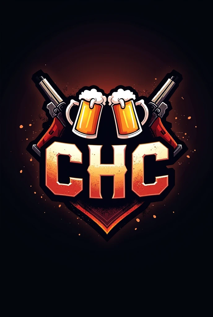 Create a logo for a gaming team with the theme (C H C) with beer mugs and weapons inspired by the Free Fire game with the name e-sports