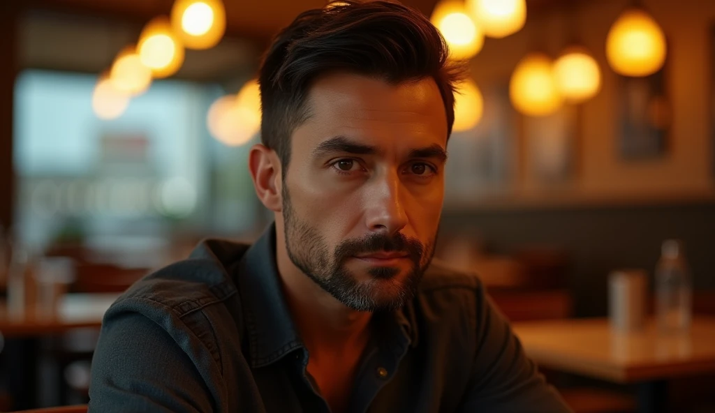 Create a professional real photo of a man sitting in a restaurant with warm, soft lighting in the style of a golden sunset. He should have short dark hair, neatly combed, and a sparse beard evenly distributed across his face, with a serious, thoughtful expression. The focus should be on his face and eyes, which are slightly off-center and aligned with the top third of the image. The light should enter from the side, creating a soft contrast between light and shadow, highlighting the angular features of the face and adding depth with subtle shadows. The background should be blurred, creating a soft bokeh with indistinct details that suggest the presence of tables and chairs. The color palette should be dominated by warm tones of gold, orange and brown, with an emphasis on a warm, introspective atmosphere. Depth of field should be shallow, isolating the subject from the background, and sharpness should be maximum in the face and eyes, while the rest of the image is blurred. The composition should follow the rule of thirds, with the camera positioned slightly below the man's eye line to create a slight sense of elevation. The image should be of high resolution and professional photographic quality, with attention to detail and realism.