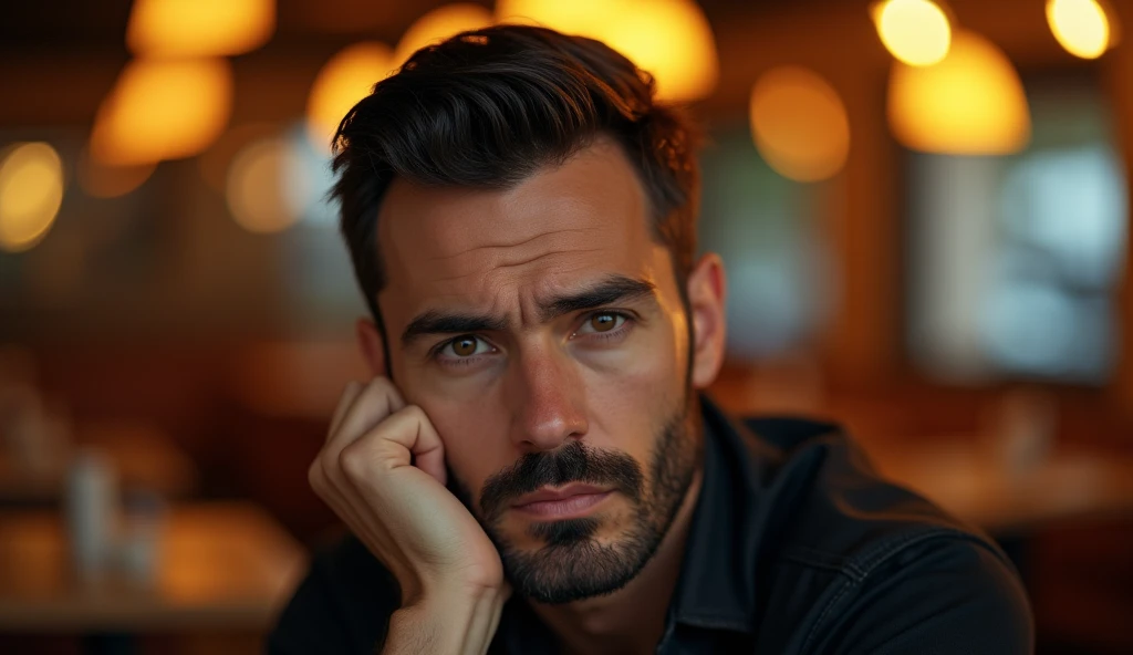 Create a professional real photo of a man sitting in a restaurant with warm, soft lighting in the style of a golden sunset. He should have short dark hair, neatly combed, and a sparse beard evenly distributed across his face, with a serious, thoughtful expression. The focus should be on his face and eyes, which are slightly off-center and aligned with the top third of the image. The light should enter from the side, creating a soft contrast between light and shadow, highlighting the angular features of the face and adding depth with subtle shadows. The background should be blurred, creating a soft bokeh with indistinct details that suggest the presence of tables and chairs. The color palette should be dominated by warm tones of gold, orange and brown, with an emphasis on a warm, introspective atmosphere. Depth of field should be shallow, isolating the subject from the background, and sharpness should be maximum in the face and eyes, while the rest of the image is blurred. The composition should follow the rule of thirds, with the camera positioned slightly below the man's eye line to create a slight sense of elevation. The image should be of high resolution and professional photographic quality, with attention to detail and realism.