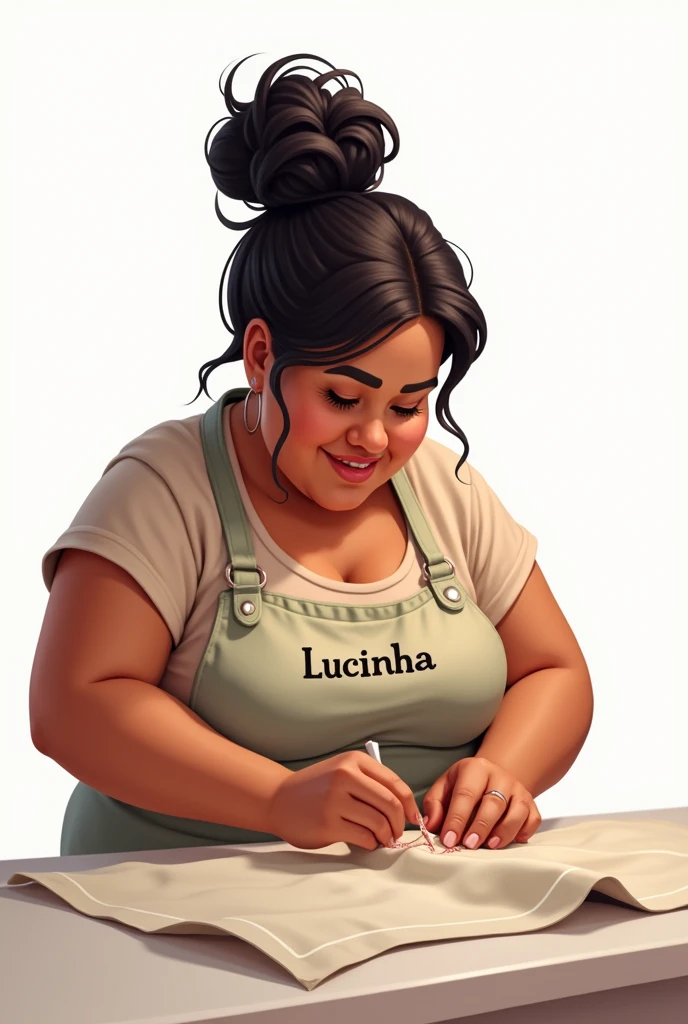 Brazilian woman, chubby, with hard, black hair tied up.
Sewing with a white background and an apron with the name Lucinha.