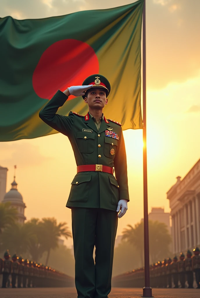 am army standing beside Bangladesh Flag and Giving salute 