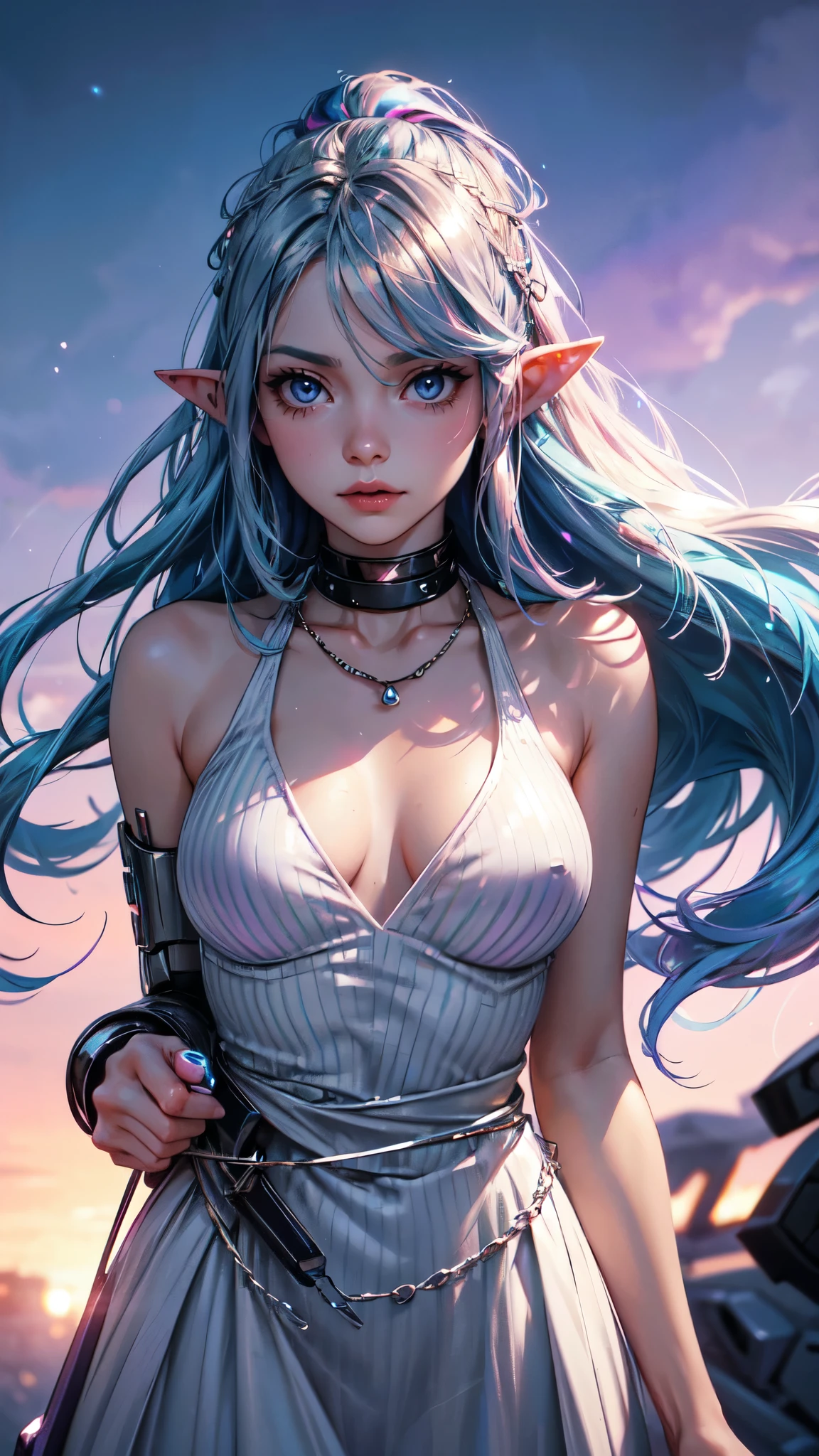 1 girl, 20-year-old girl, One person, (Silvery blue hair with pink and purple stripes:1.4), (Gradient sky blue hair tip:1.6), hair, Ridiculously long hair, Single Side Lock, Wavy Hair, Shine髪, Floating Hair, (Fantastic deep purple eyes), Delicate eyes, Aqua Eye, Very fine eye, Long upper eyelashes, ((Glowing Eyes)), compensate, Focus on the face, Highly detailed facial, Pretty face, Perfect breasts, Hot body, (Delicate skin texture:1.2), break, White extra long skirt, necklace, Technical clothing masterpiece, on the road, Gazing at the starry sky, meteor, cyber punk, Detailed Background, The perfect layered cut, clean focus, Octane Rendering, Tyndall effect, Real, Dark studio, Side light, 2-color illumination, realism, Chiaroscuro, (Shine光), Shine, Ray Tracing, Cinema Lighting, Futurism, Motion Blur, Atmospheric perspective, Depth of written boundary, Bokeh, Highest quality, 超High resolution, Super Detail, masterpiece, High resolution, Accurate, retina, Anatomically correct,detailed eyes, detailed hands, detailed face, drops of water, drops, full body, elf woman