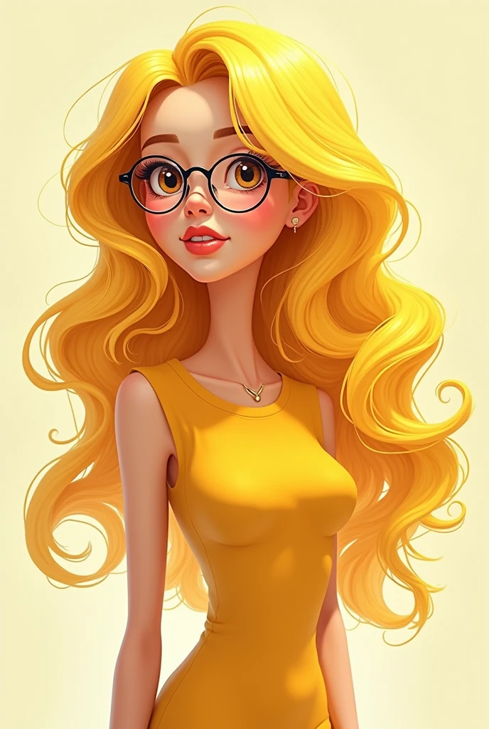 Animate illustrator Blonde woman, slim, long curly hair. Hair looking like corn on the cob. wearing glasses