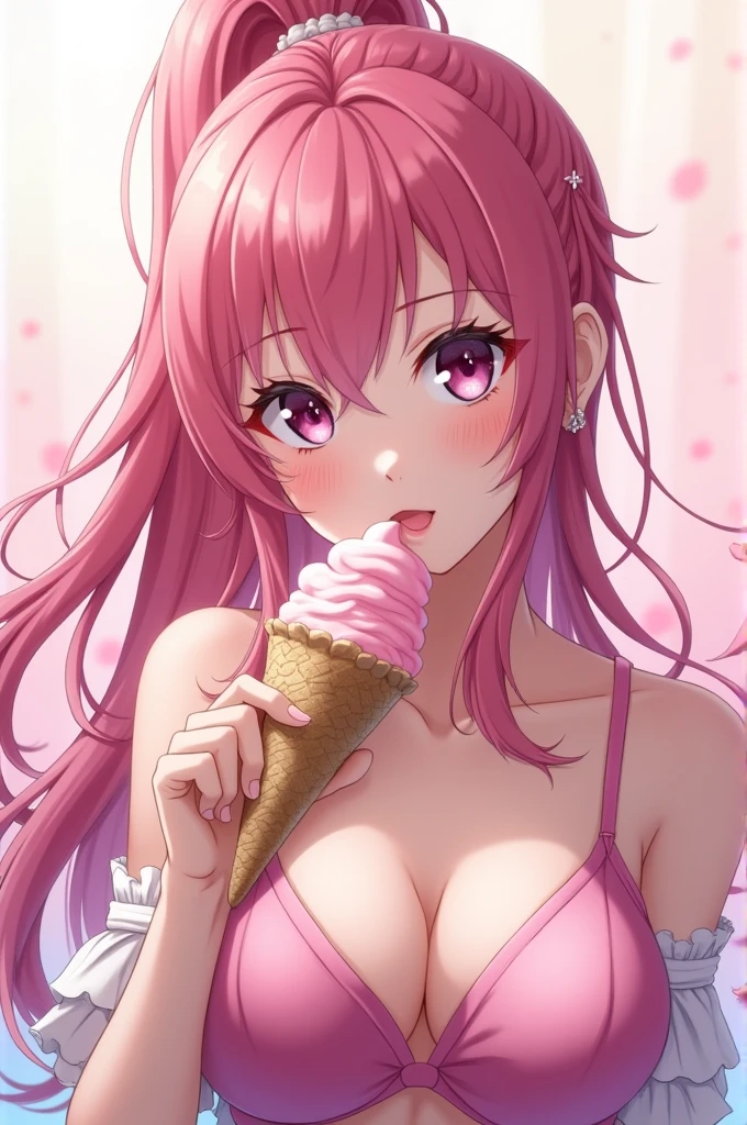 Anime girl with large breasts, long pink hair, and a ponytail, light skin, looking like she's eating ice cream.