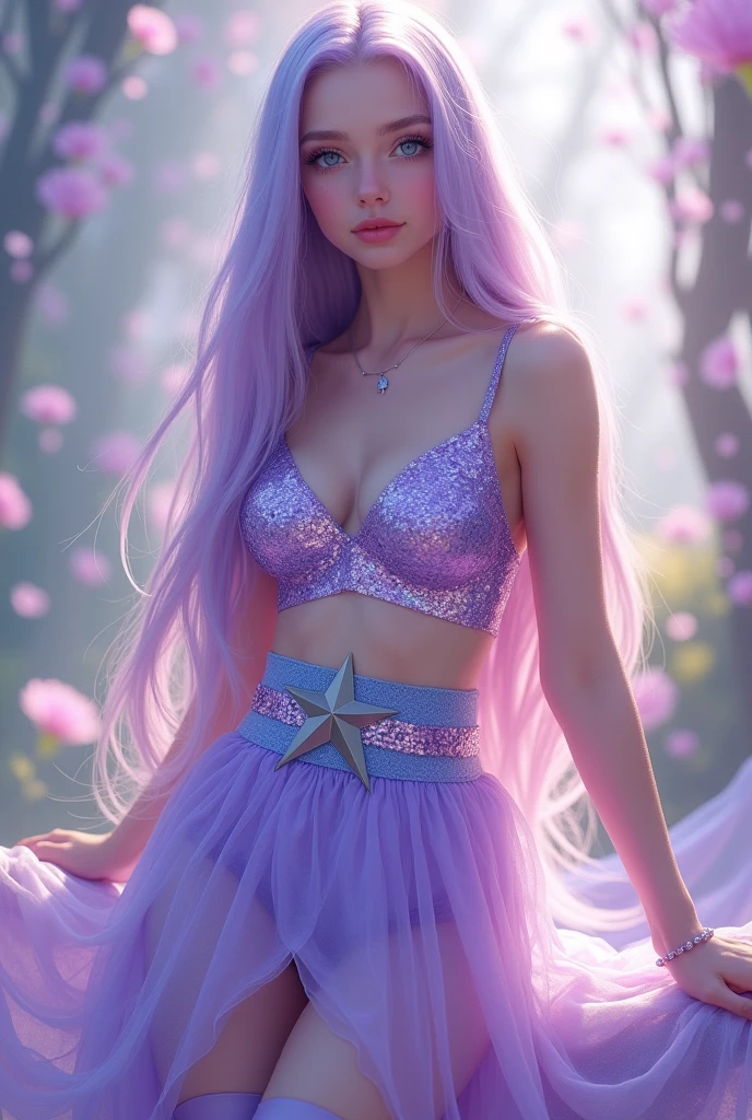 Une fille avec les cheveux violets long et lisse, et les yeux bleu, une robe avec le haut violet pailleté, la jupe de la robe est violet pastel, la ceinture de la robe est bleu avec une étoile grise en plastique dessus, la fille porte des grande bottes violet a hauteur des genoux, les talons des bottes sont très épais