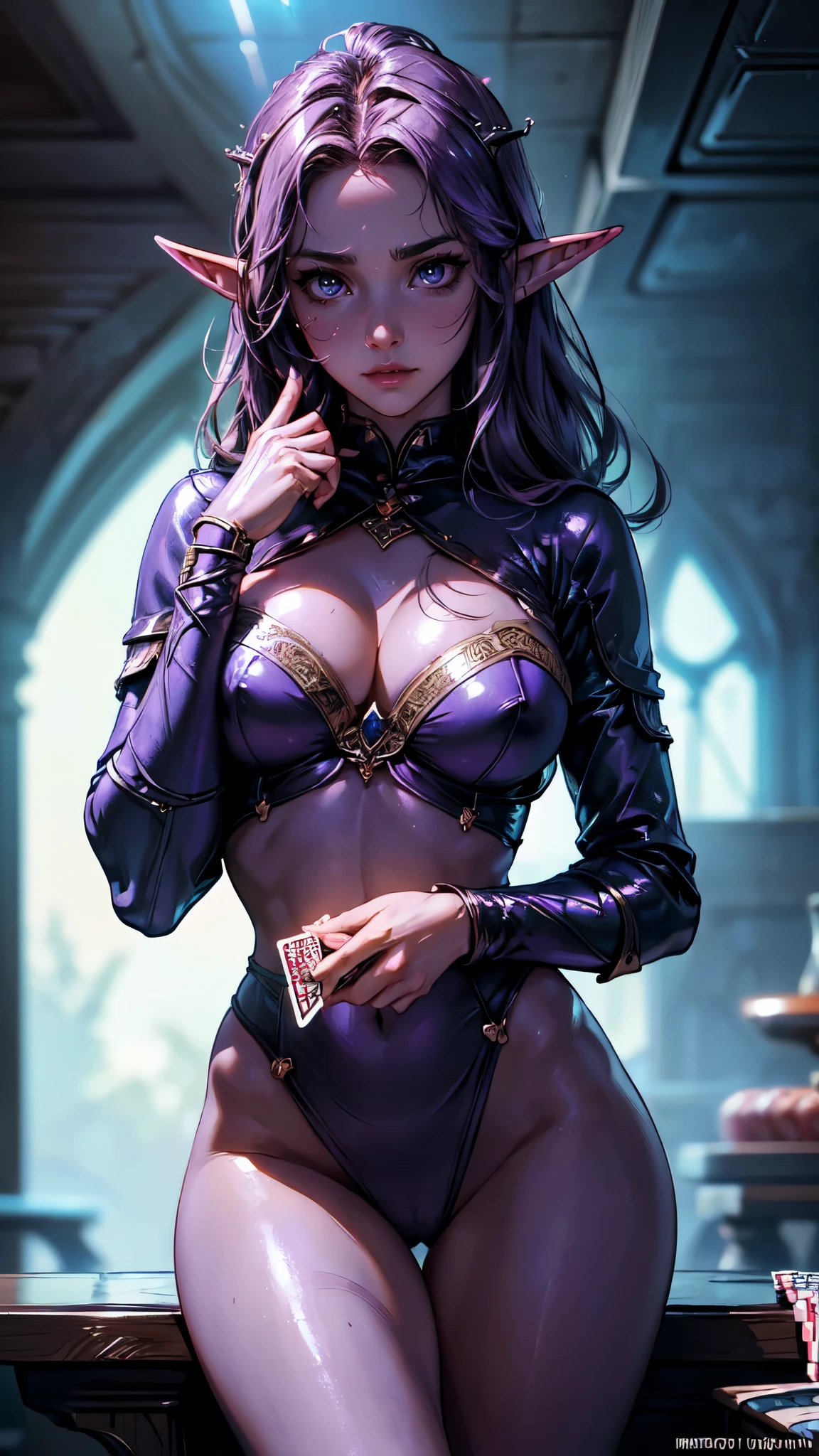 (Cutesexyrobutts art style:1.2), (photorealism:1.1), (cinematic trailer:1.2), (deep colours:1.2), (ambient lighting:1.2), (backlight glow:1.2), (film grain), (night elf:1.2), (purple skin:1.2), (slim body), fit, (playing poker:1.2), (holding cards in hand:1.3), (detailed skin), (covering with cards:1.2), (nervous embarrassed expression:1.2), (worried blush), (detailed face and eyes:1.2), front view, eye contact, (dramatic atmosphere), (intricate natural lighting:1.1), sharp focus, best quality 8k wallpaper, (detailed hand and finger:1.2), (medium breasts:1.2), (busty), (deep cleavage:1.2), (labia outline:1.3), (hard teat:1.3).detailed eyes, detailed hands, detailed face, drops of water, drops, full body, elf woman