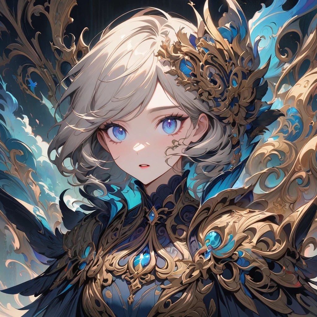 a profile picture featuring a Genshin Impact character with long, light-colored hair and blue eyes. The character has a surprised expression and is wearing a detailed outfit with a high collar. The background is dark blue, adding a dramatic effect to the image. The overall style is anime-inspired, capturing the character's intricate design and expressive features.