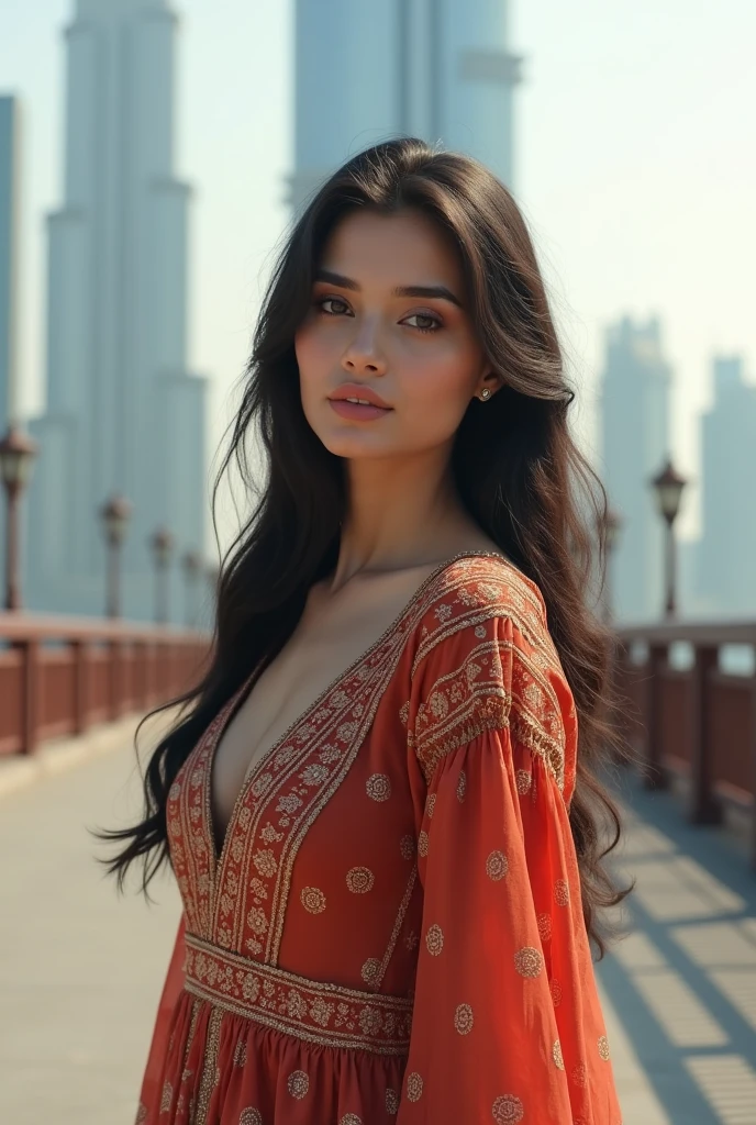 a wanna a realistic picture of human girl who is exact  replica of ayeza khan having dimples and fair skin wearing eastern dress standing on bridge from which clearly seen burjh khalifa view