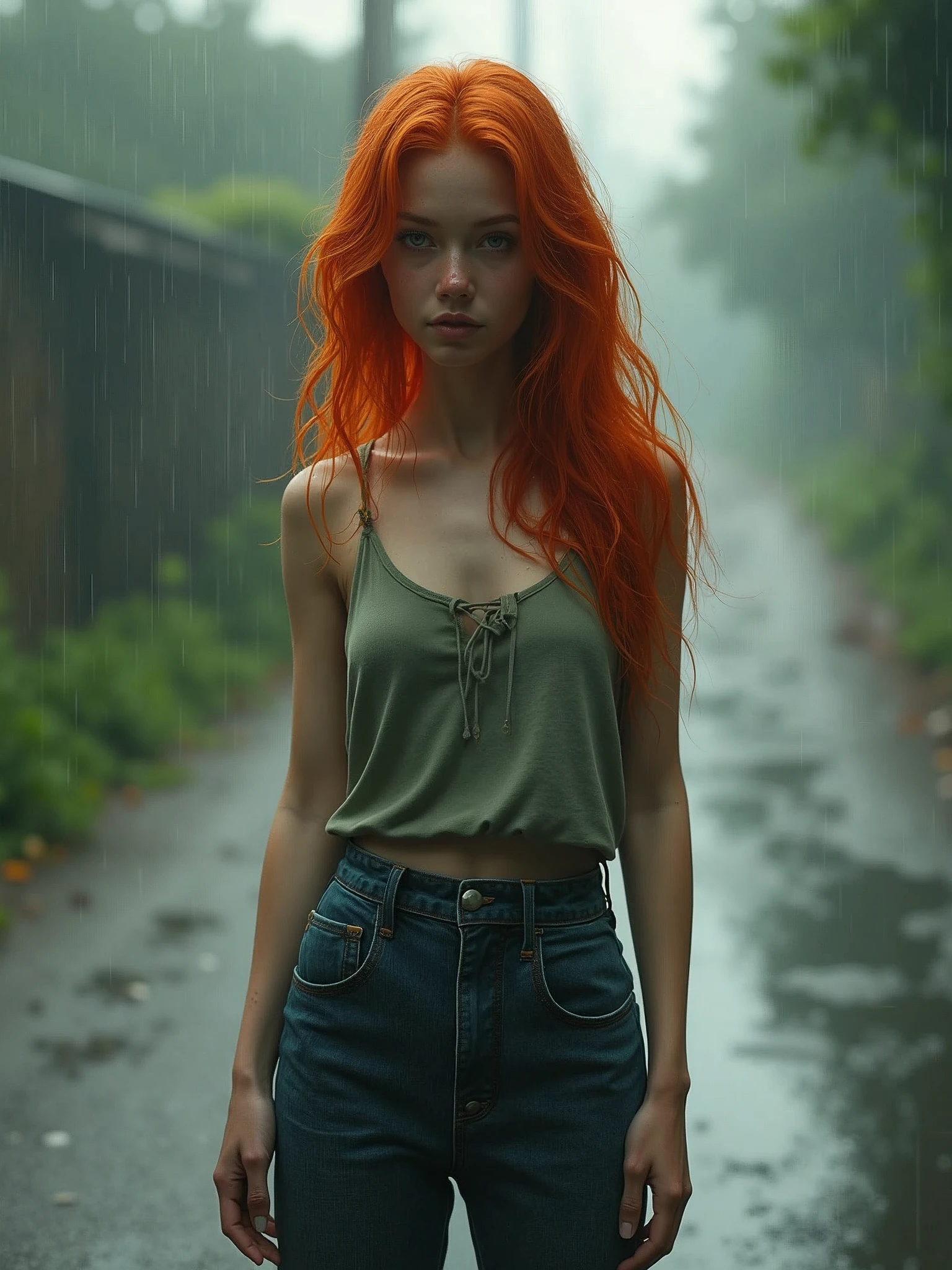 a portrait of a (soaking wet of a milk:1.2) redhead, freckles teacher is sitting on a porch, : white shirt : 18], visible through the white top t-shirt, slate atmosphere, cinematic, dimmed colors, dark shot, muted colors, film grainy, lut, insane details, intricate details, hyperdetailed, closeup, twilight,  gigantic breasts