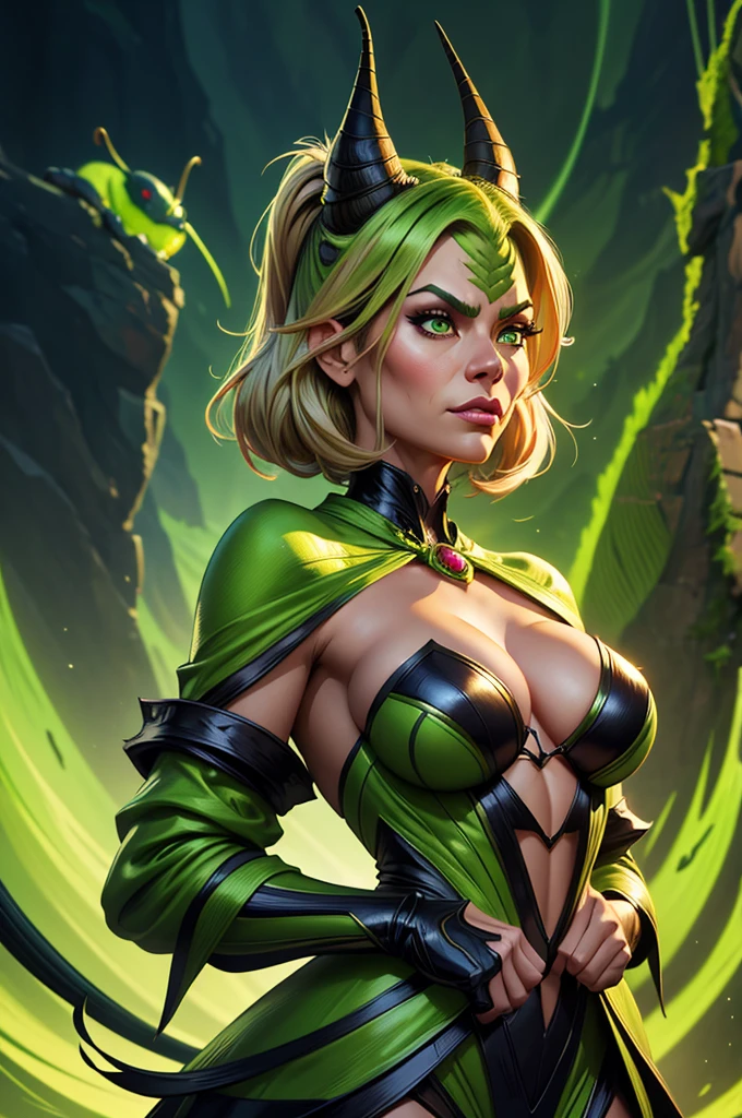 Anthropomorphic female grinch grasshopper mage. Official Art – Charecter profile. An Award-Winning Digital Masterpiece In 4K Ultra HD, Extreme Detail And Intricate Realism. Symmetrical Face. This Concept Art Brought To Life By The Hands Of Artists Like Wlop & Artgerm In A Stunning 2D Vector Illustration.Background Is A Panoramic Vista.
