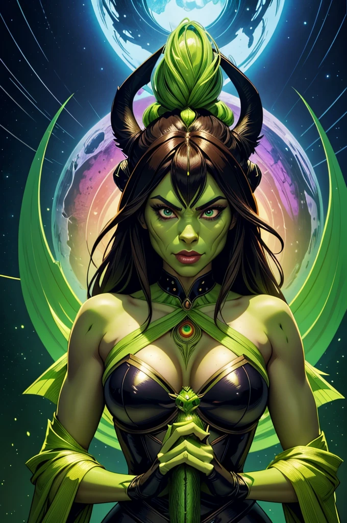 Anthropomorphic female grinch grasshopper mage. Official Art – Charecter profile. An Award-Winning Digital Masterpiece In 4K Ultra HD, Extreme Detail And Intricate Realism. Symmetrical Face. This Concept Art Brought To Life By The Hands Of Artists Like Wlop & Artgerm In A Stunning 2D Vector Illustration.Background Is A Panoramic Vista.
