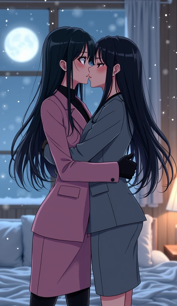 Two girls, long black hairs, yuri,
The first girl wear a pink suit, black shirt, pink pencil skirt, black underpants, black tights, black gloves, white socks.
The second girl wore a grey suit, black shirt, grey pencil skirt, black underpants, black tights, black gloves, white socks.
french kiss, lesbian kiss hugging, sensual body, bedroom, snowing, grey blue sky, moon, cartoon novel, 4K, HD