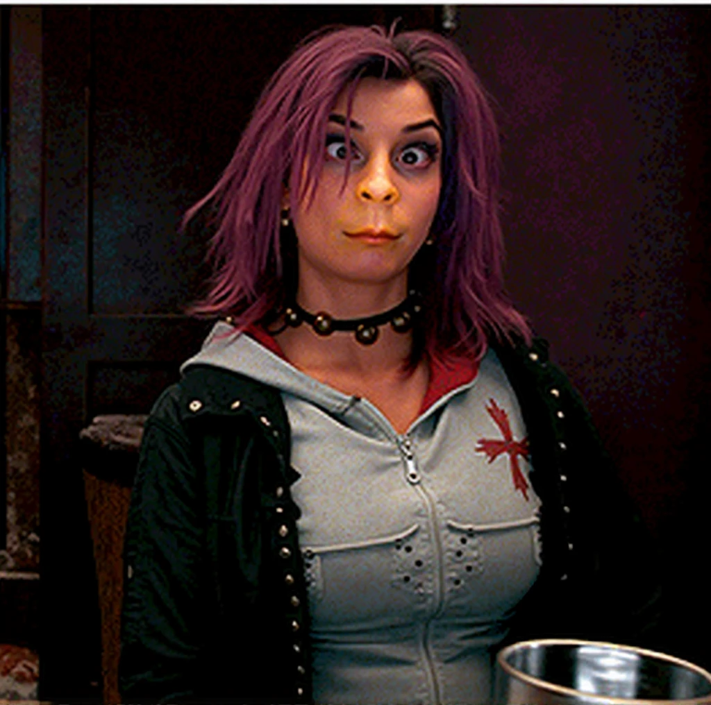cute woman with big orange duck bill, anthropomorphic duck woman, detailed duck bill growing on face, nostrils, big round wide eyes, big breasts, short purple hair, black zip jacket, thin button hoodie, ultra hd, hyper realistic, 4k, 8k, cross eyed, eyebrows raised