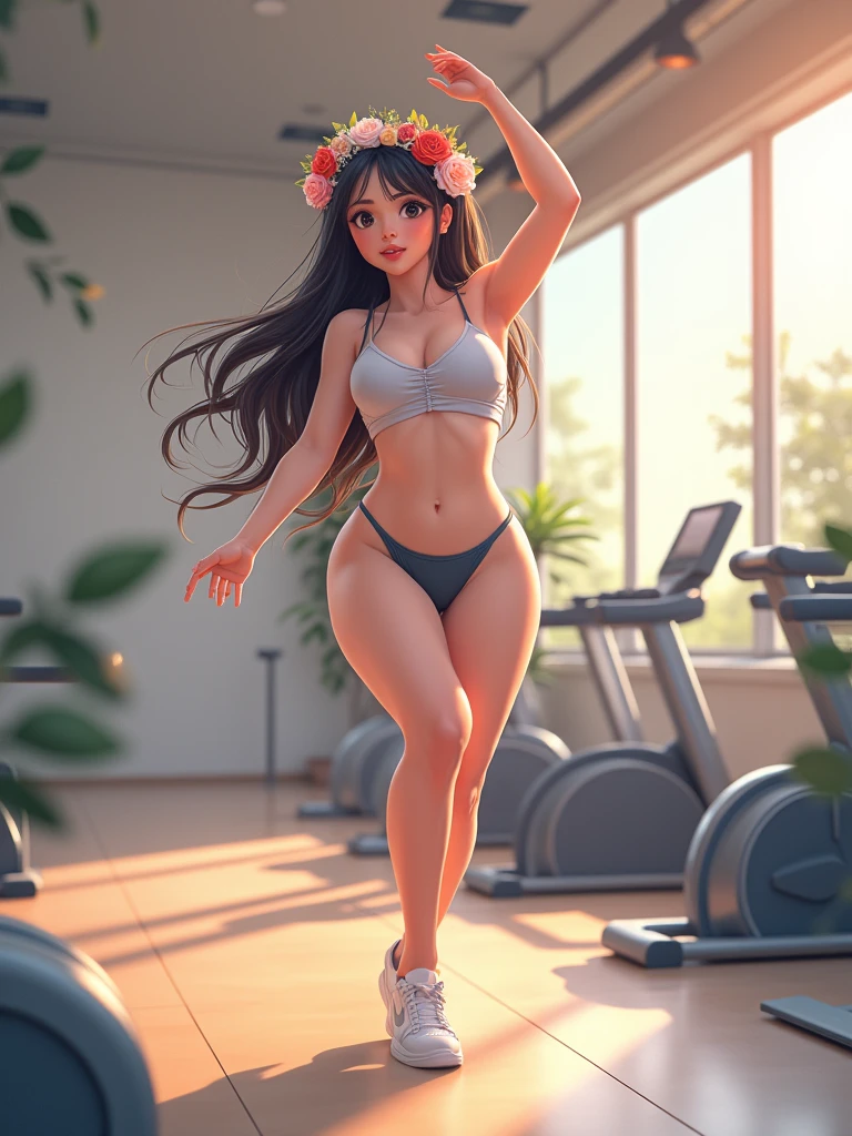 A pretty girl, 1 girl, doing aerobic exercises, in a morden exercise room,  wearing beautiful casual clothes, curve body, pretty eyes, niji anime version, fantasy, pretty face, long hair, flowers headband, highest quality, 8k,