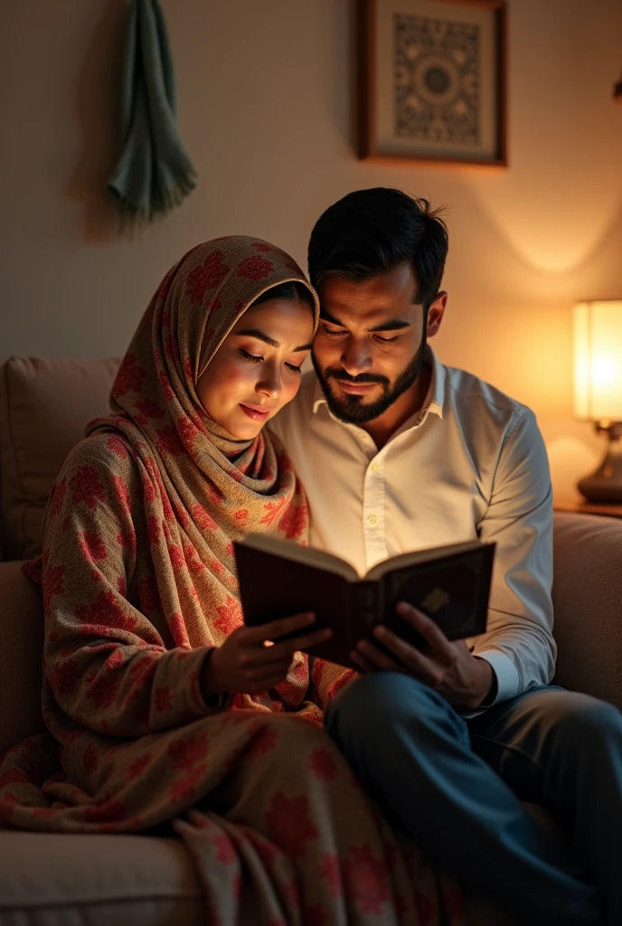 "A peaceful indoor scene of a Muslim couple sitting on a couch, reading the Qur'an together. The woman is wearing a colorful hijab, and the man is dressed in a simple, modest outfit. The room is softly lit, with a small lamp on the side, and there are delicate touches of Islamic decor, like a prayer mat folded in the corner. Their expressions are calm and focused, symbolizing spiritual connection and shared learning."