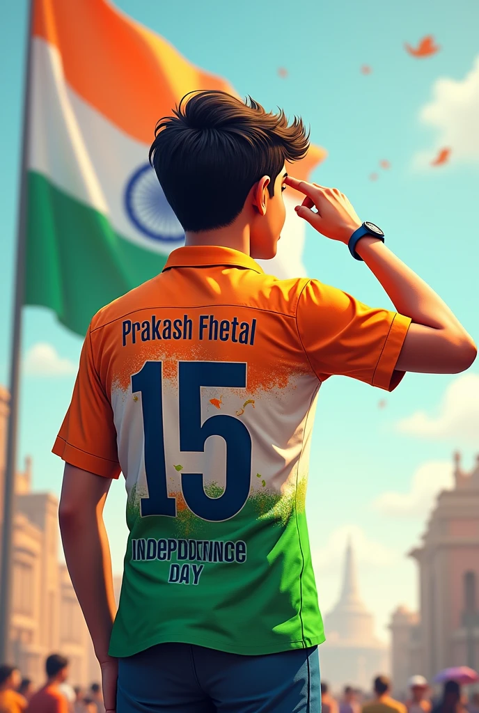 A 20 years old boy salutes the national flag of bharat and he is wearing a shirt print is like bharat flag and "Prakash Fhetal" and 15 number and independence day in small is written on it's back in big and bold fonts, 3d illustration