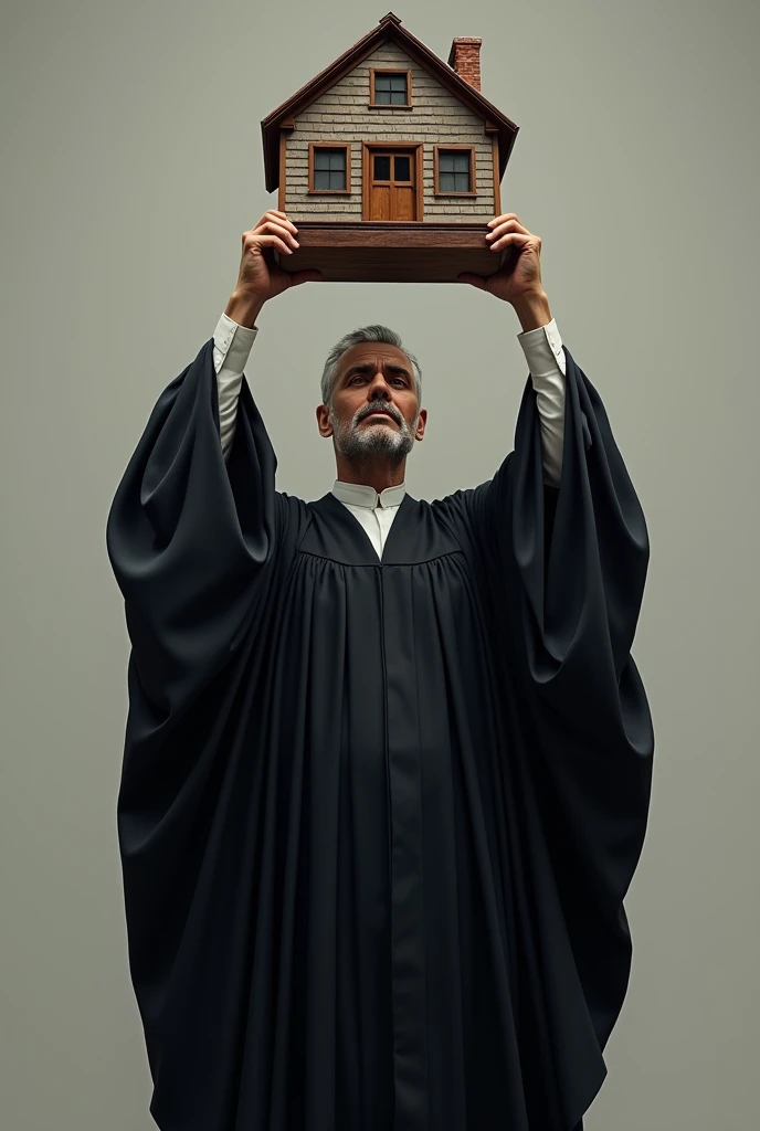 Create images of a judge in a robe holding a house over his head with both hands raised.