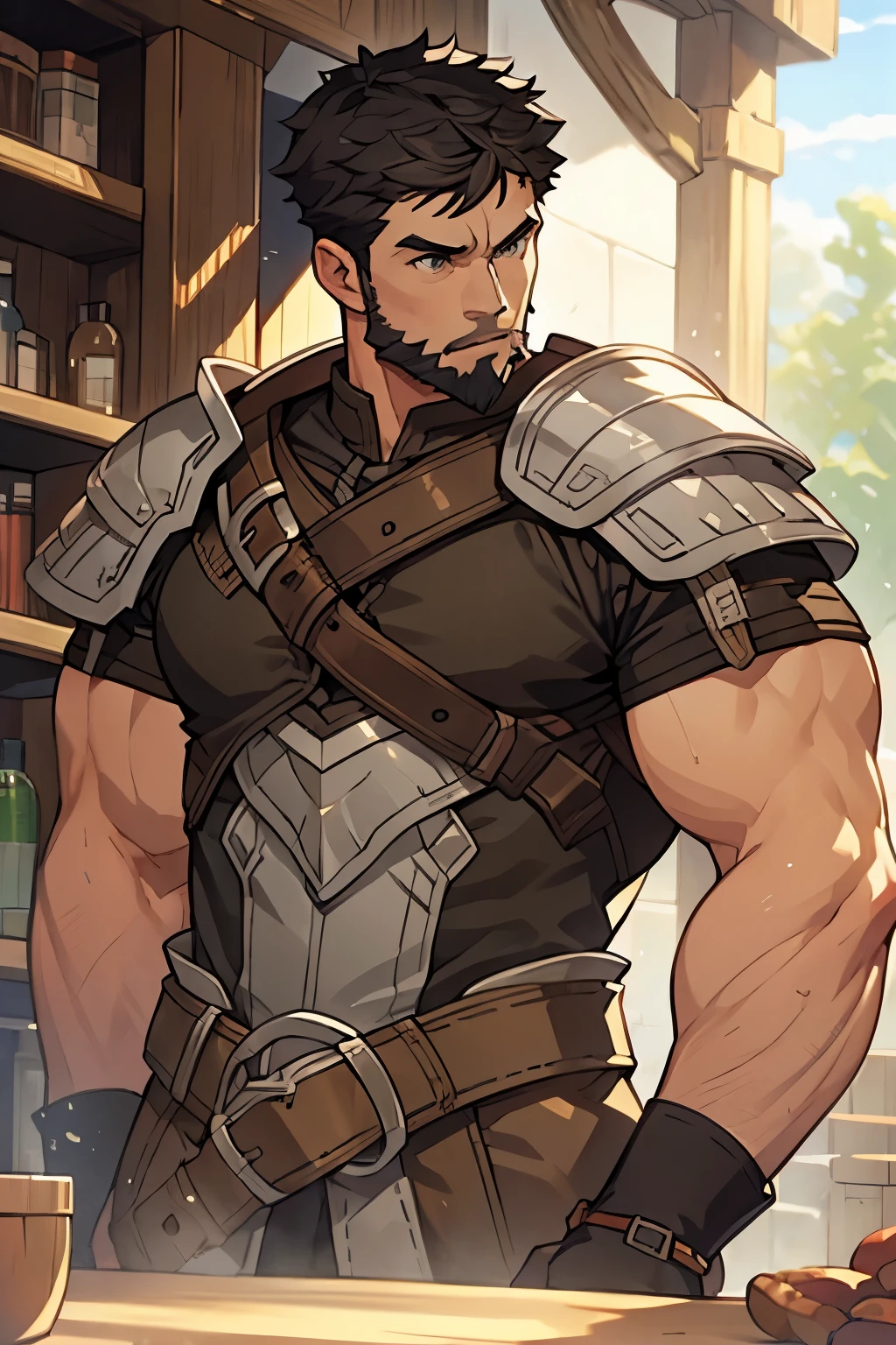 Masterpiece, Best Quality, Ultra-Detailed, 1man, male, manly male, alpha male, old mature muscular male, black hair, very short hair, black beard, green eyes, bright eyes, very beautiful and detailed eyes, very detailed eyes, 36 years old, bara, muscular male, tall, large shoulders, large chest, huge arms, (large waist:1.0), ((thick neck:1.0)) athlete, bare biceps, large waist, medieval armor, light armor, black armor, Mystical armor, (sleeveless armor:1.0), Golden details on the armor, gray details on the armor, elsword style armor, granblue fantasy style armor, black cloak, cloak over the shoulders, ((arms exposed:1.0)), Neutral face, cowboy shot, high resolution:1.2, best quality, master part, daylight, Reflection of lens, upper body shot, looking front.