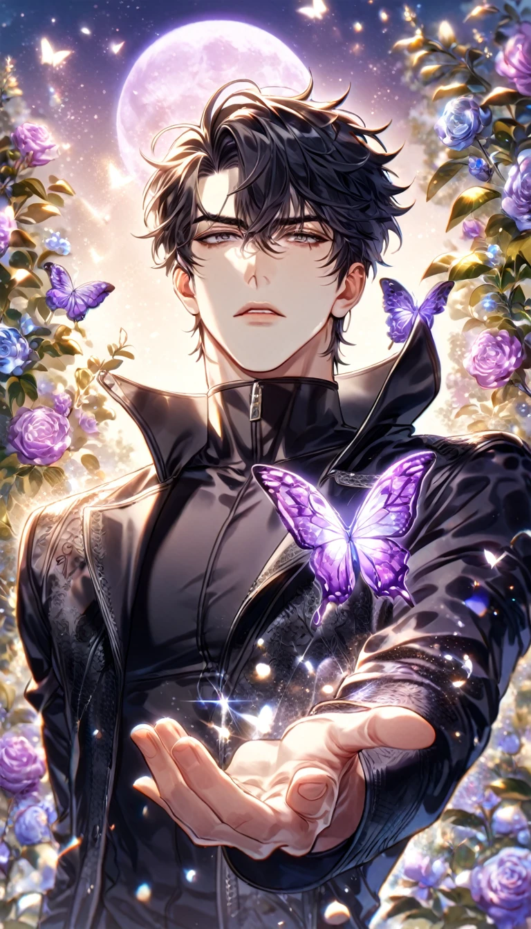 (absurdres, highres, ultra detailed, HDR) master piece, best quality, extremely detailed, delicated features, Yoo Joonghyuk, black hair, expressive gray eyes, Omniscient Reader's Viewpoint, solo, sexy man, handsome, sensual, black coat, black tight turtleneck shirt, fantasy, magical, glittering, shining, purple flames, purple moon, purple flowers, purple butterflies, garden