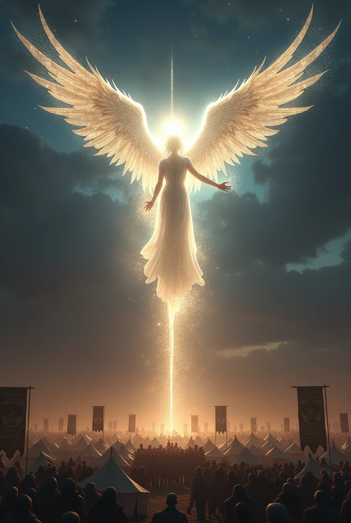 Imagine a radiant angel, surrounded by an aura of intense light, positioned in the night sky above a camp of 185,000 Assyrian soldiers. The contrast between the angel's celestial light and the darkness of night creates a dramatic and imposing scene. The angel should be represented with a majestic and powerful appearance, with shining wings and an imposing presence. The light emanating from him should illuminate part of the camp, creating dramatic shadows and highlighting the contrast between the divinity and the humanity of the soldiers below."