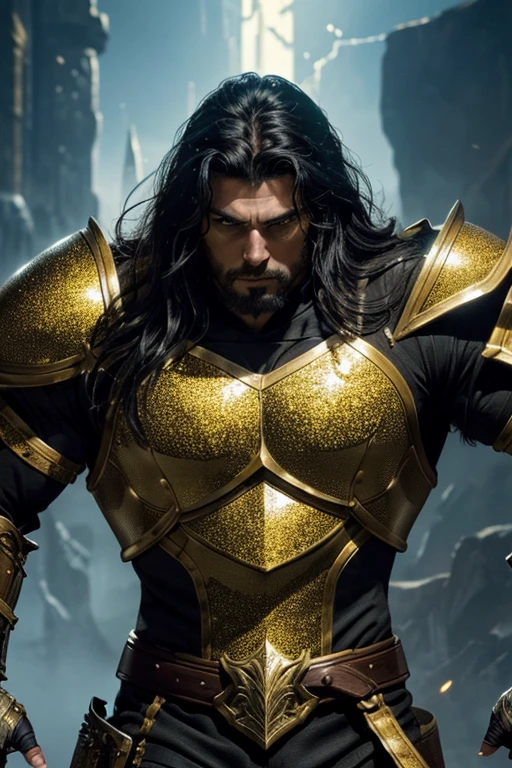 Realist:1.3,( fotorRealist, 8k, RAW photos, premium quality, ​masterpiece, epic light. , Fantasy RPG, centered image), (Complete plan:1.4),((1 handsome and muscular man, Fantasy-Heroic, perfectly detailed face and body, (Actionpose und Badass), dynamic fighting pose, arabic face, Beautiful and detailed long black hair, golden glittering armor, the armor consists of energy))