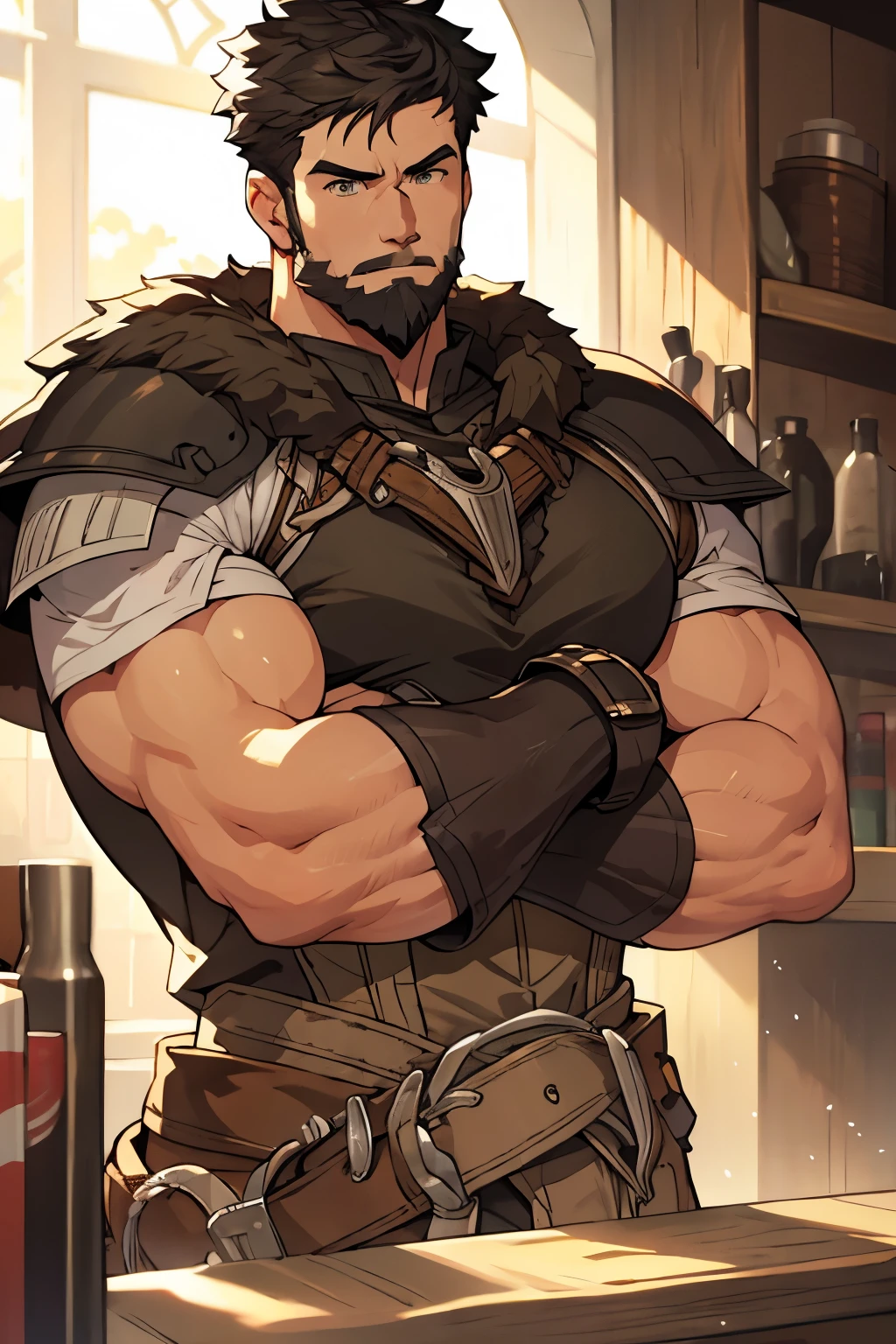 Masterpiece, Best Quality, Ultra-Detailed, 1man, male, manly male, alpha male, old mature muscular male, black hair, very short hair, black beard, green eyes, bright eyes, very beautiful and detailed eyes, very detailed eyes, 36 years old, bara, muscular male, tall, large shoulders, large chest, huge arms, (large waist:1.0), ((thick neck:1.0)) athlete, bare biceps, large waist, medieval armor, light armor, black armor, Mystical armor, (sleeveless armor:1.0), Golden details on the armor, gray details on the armor, elsword style armor, granblue fantasy style armor, black cloak, cloak over the shoulders, ((arms exposed:1.0)), Neutral face, cowboy shot, high resolution:1.2, best quality, master part, daylight, Reflection of lens, upper body shot, looking front.