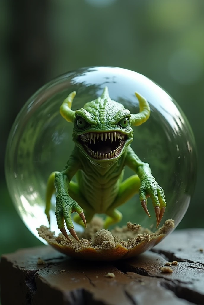 green mini feaster in a 6 cm radius resin ball,ultra realistic 