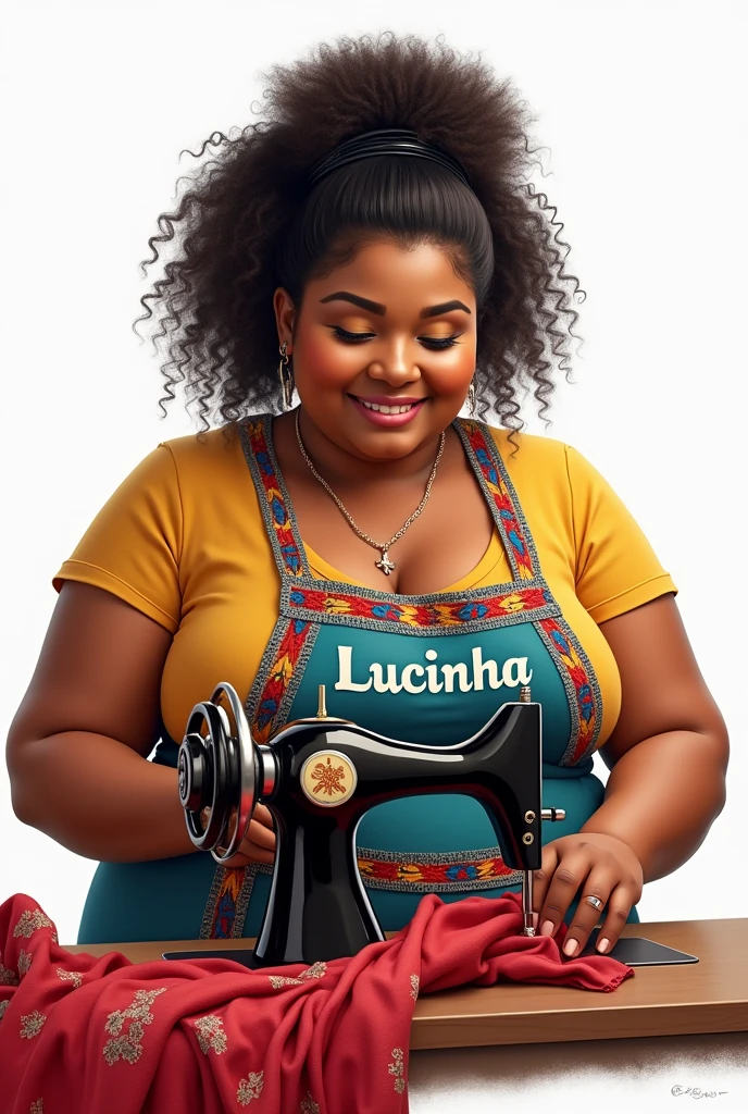 Drawing of a chubby Brazilian woman with curly hair tied in a black straightener sewing with a white background and an apron with the name Lucinha