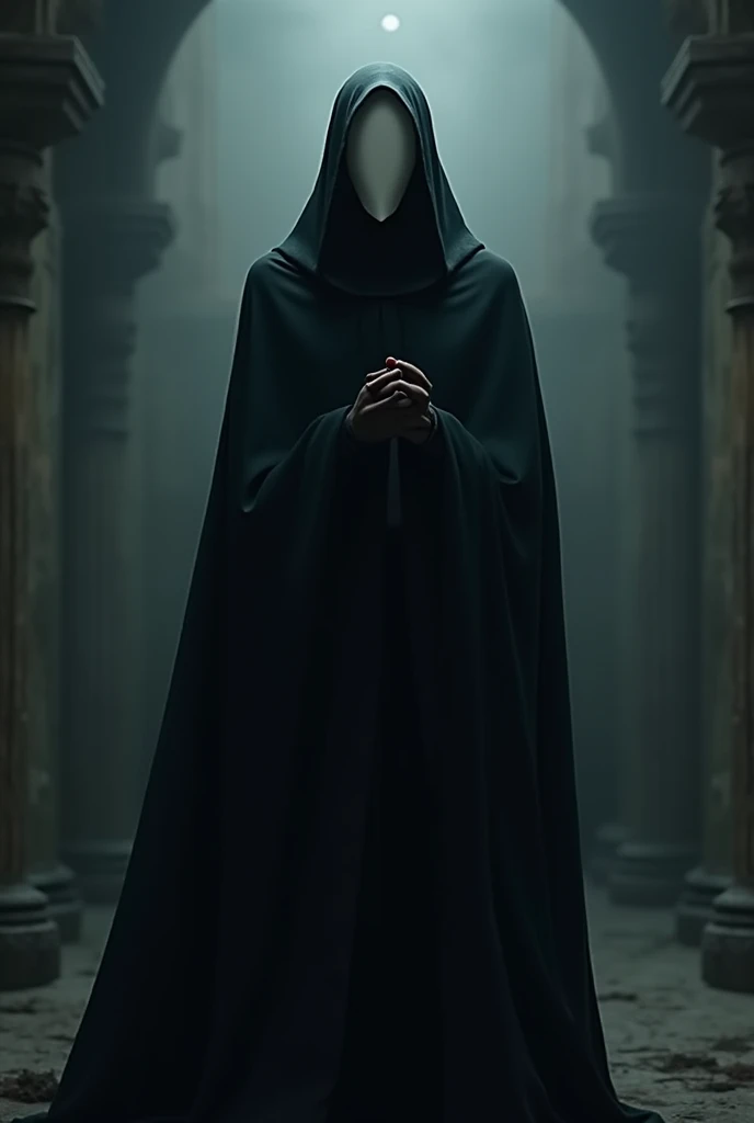 Create an image of a Shadow Sorcerer wearing a white mask that covers his entire head with blank white eyes, and a dark black cloak that covers his entire body, a kind of overcoat