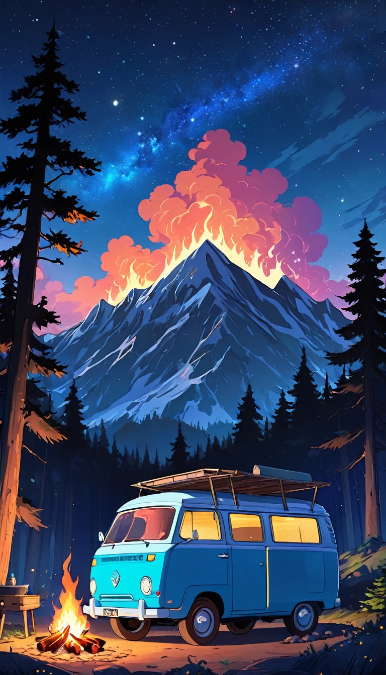 Draw a lofi anime poster style scene of a blue van in the forest, fairy decoration, camp fire, BBQ, starry sky, wilderness, moutain background , forest, natta, beautiful color palette, vibrant saturated colors, work of art, cinematic cloudy sky, no human, dark blue theme