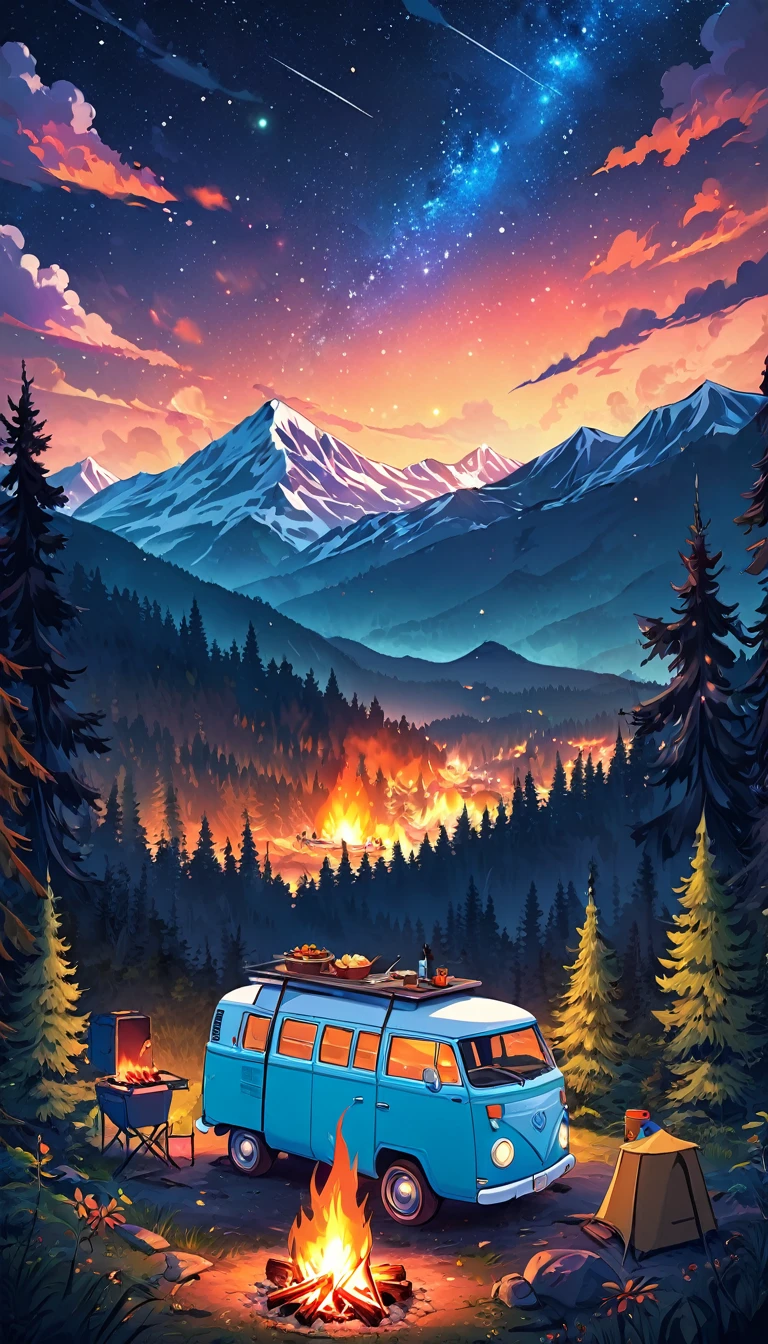 Draw a lofi anime poster style scene of a blue van in the forest, fairy decoration, camp fire, BBQ, starry sky, wilderness, moutain background , forest, natta, beautiful color palette, vibrant saturated colors, work of art, cinematic cloudy sky, no human, dark blue theme