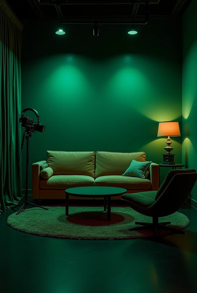 Podcasts studio with dark green background,sofa, table, camera, microphone,led lights 