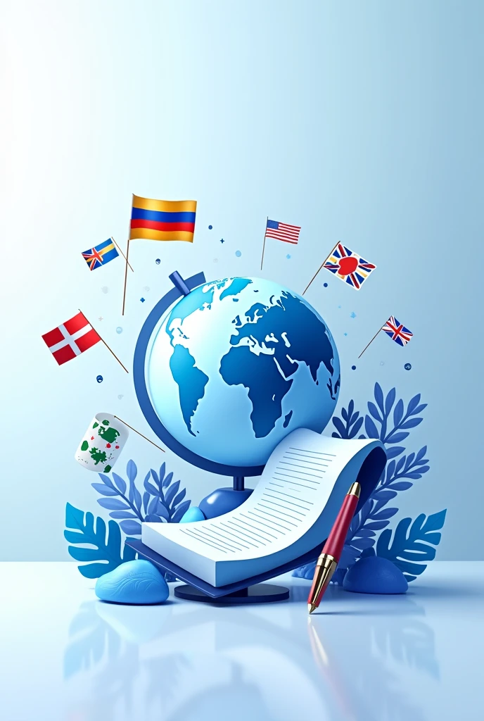 Make Professional Translation & Content Creation Gig image for me for Fiverr.Visual Elements:
Flags representing different languages (e.g., English, Azerbaijani)
A pen and paper icon for content creation
A globe to symbolize international work
Color Scheme: Blue and white for a professional and clean look
Text: Make it bold and clear, emphasizing the services offered