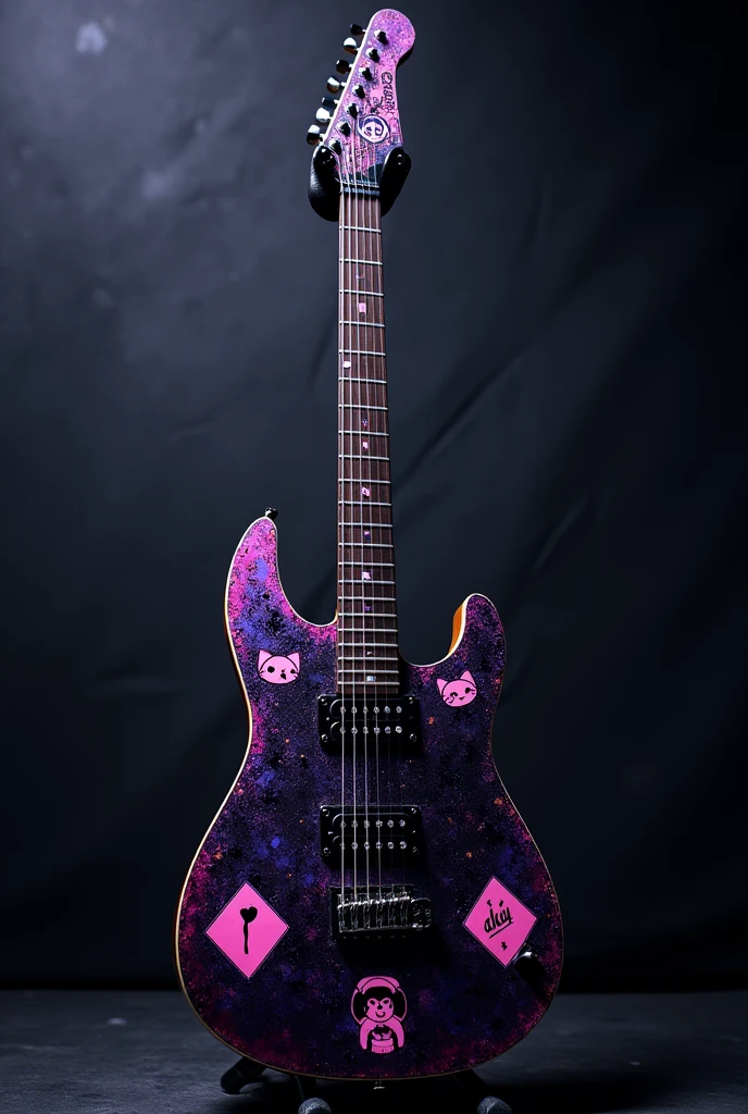 Make a guitar with the shape of the sound box being the face of Kuromi from Sanrio and having her colors