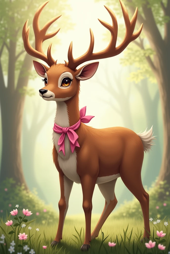 a large ((brown)) deer with ((bright brown eyes)) with one ribbon bow ((pink)) around her neck