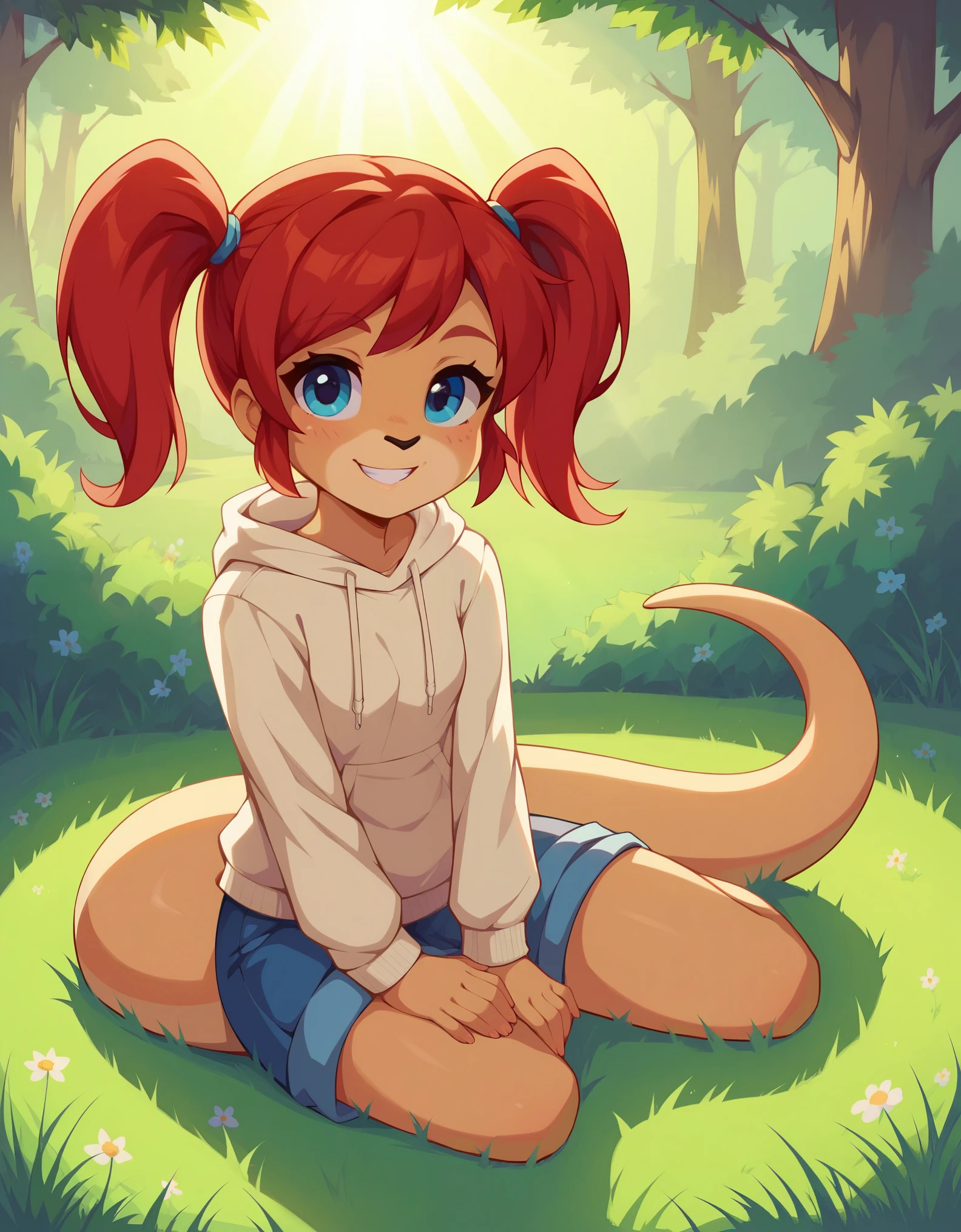 score_9, score_8_up, score_7, BREAK, camille_w, red hair, twintails, blue eyes, hoodie, kangaroo tail, sitting, outdoors, grass, looking at viewer, smile, cute, sunlight, natural lighting