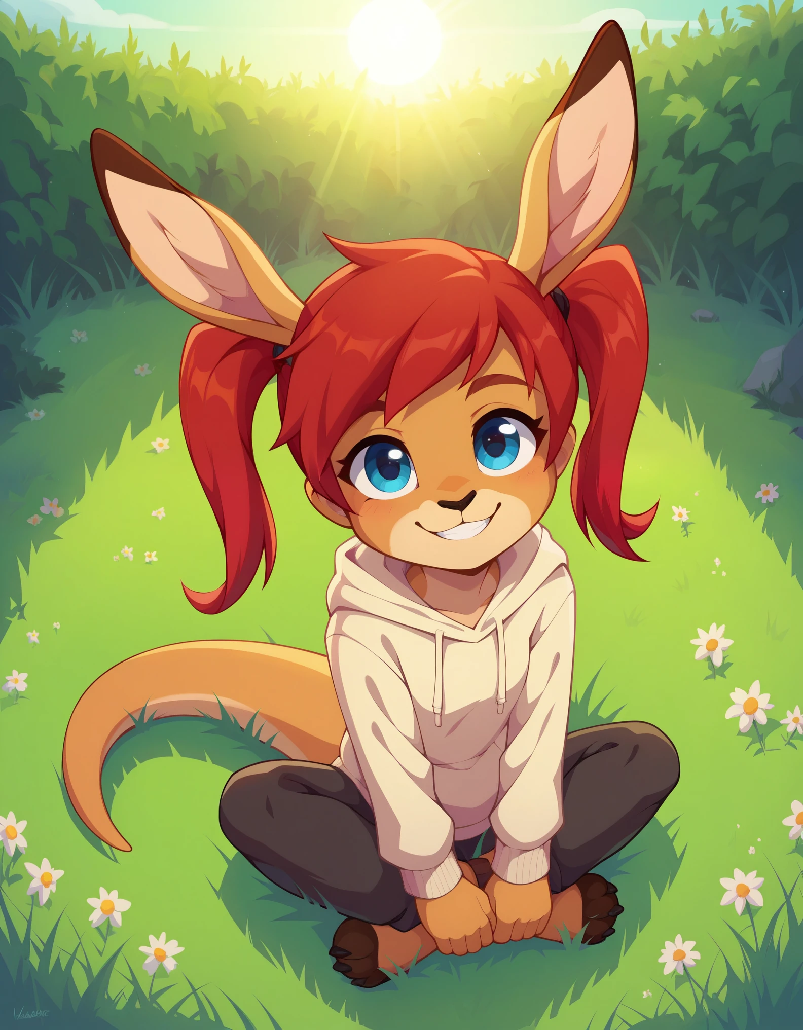 score_9, score_8_up, score_7, BREAK, camille_w, red hair, twintails, blue eyes, hoodie, kangaroo tail, sitting, outdoors, grass, looking at viewer, smile, cute, sunlight, natural lighting