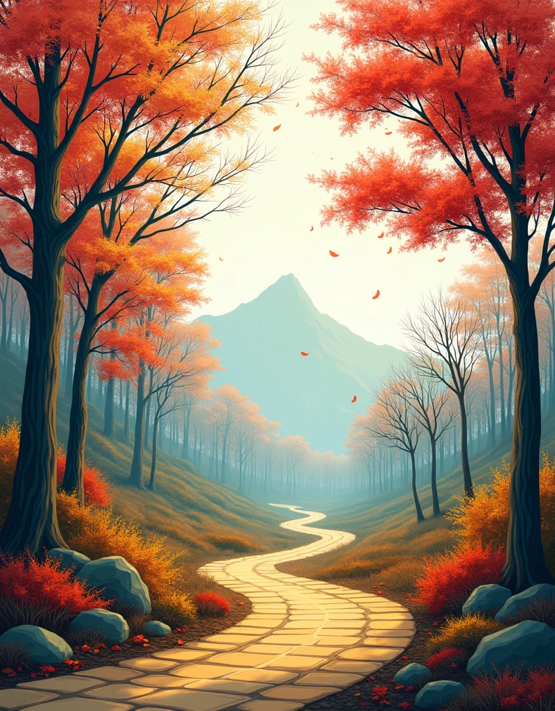 A winding path flanked by vibrant red, orange and yellow leaves in a forest. the path, constructed from a yellow stone, meanders through the foreground, leading the viewer's gaze towards a cluster of trees on the right side of the frame. A mountain is there at a long distance in the background. the trees, characterized by their slender trunks and bare branches, are adorned with teal-green leaves that transition from a vibrant red at the base to a lighter shade at the top. the leaves on the left side of the frame are a darker shades, while those on the right are a lighter shades. the trees on the right side of the frame are bare, while those on the left side are covered in leaves. the sky, a soft gray, is devoid of clouds, adding a touch of tranquility to the scene.