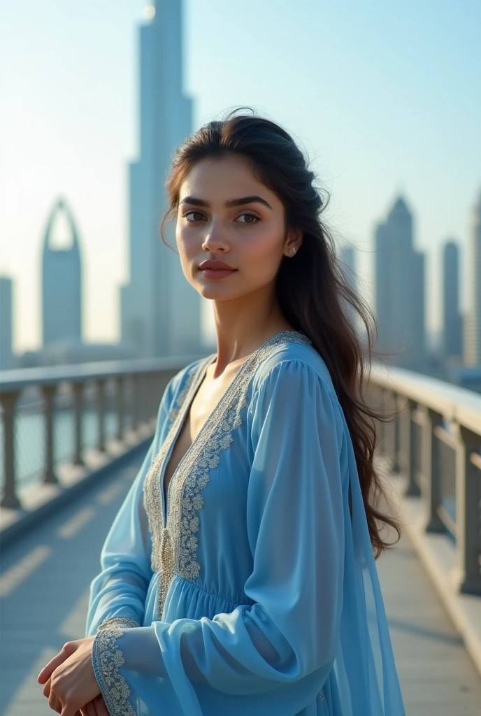 a wanna a realistic picture of human girl who is exact  replica of ayeza khan having dimples and fair skin wearing eastern shalwar kamees of blue color dress standing on bridge from which clearly seen burjh khalifa full view