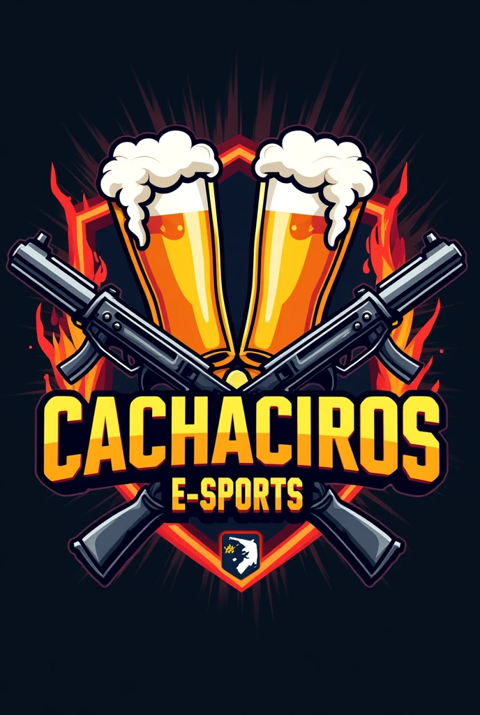 Make a logo for a gaming team called CACHACEIROS E-SPORTS with beer glasses and weapons inspired by the game Free Fire 